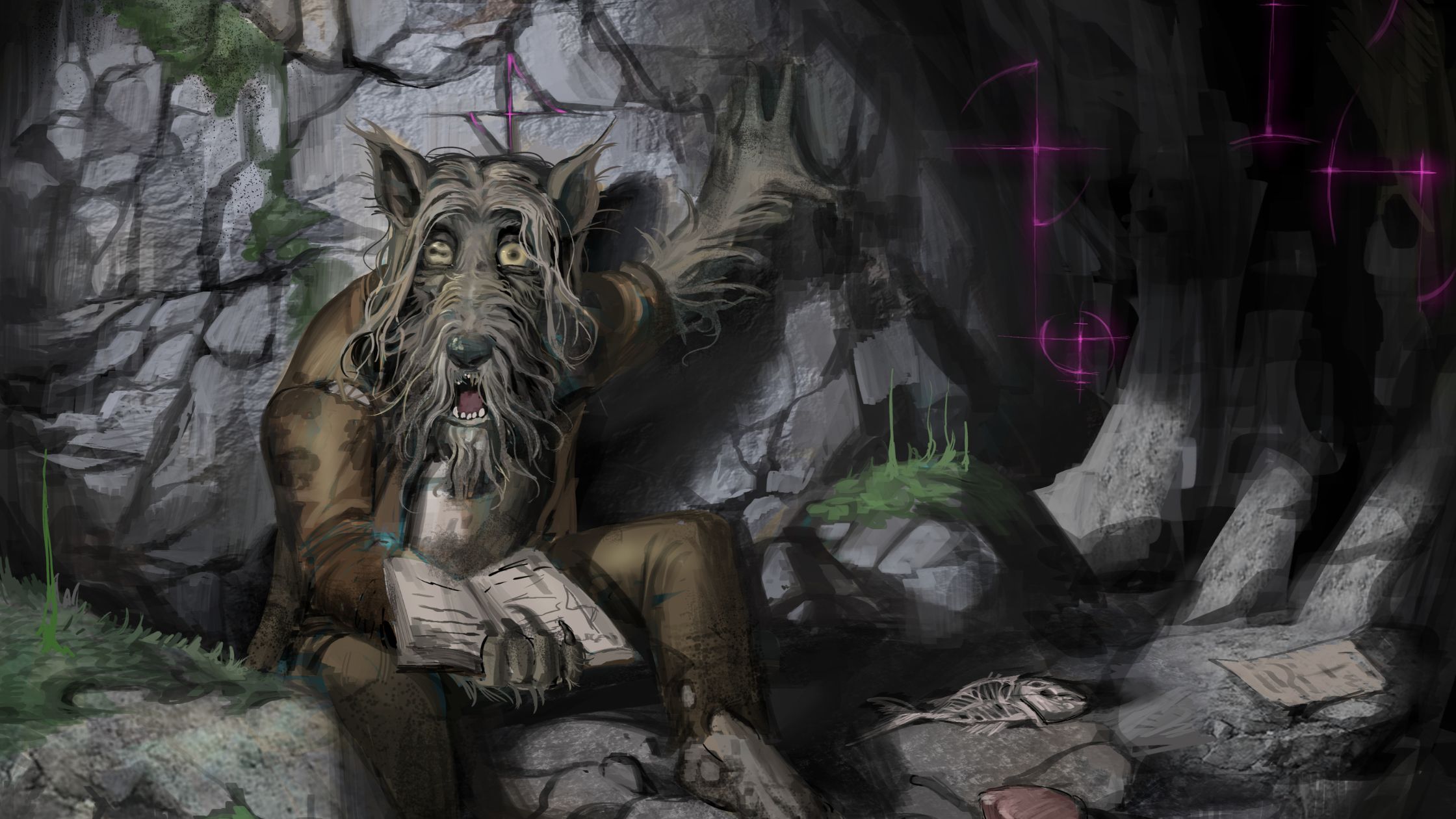 Ilustração de um cachorro humanoide sentado em uma caverna com um diário, símbolos brilhando ao redor